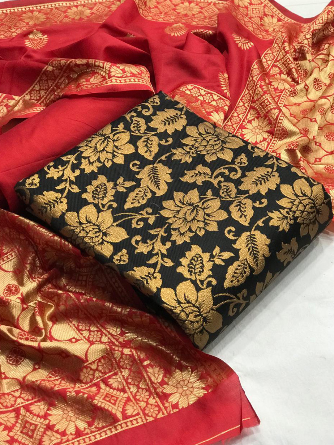

MORLY Floral Motifs Woven Design Banarasi Silk Unstitched Dress Material, Black