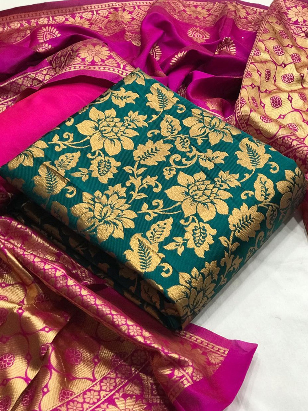 

MORLY Floral Motifs Woven Design Banarasi Silk Unstitched Dress Material, Green