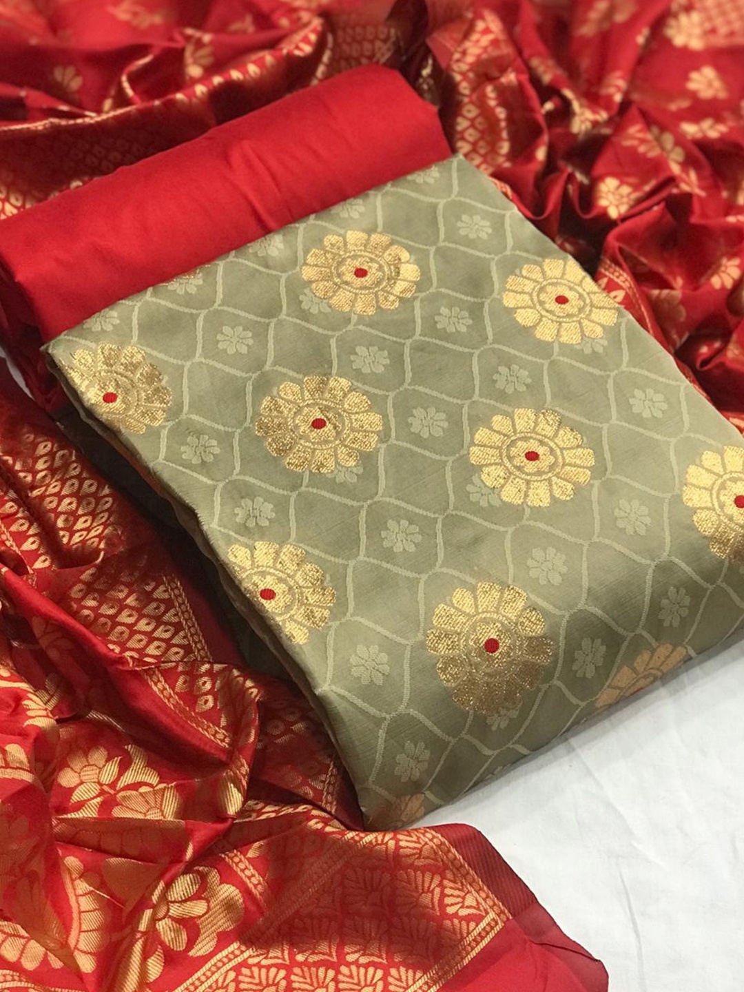 

MORLY Woven Design Dupion Silk Unstitched Dress Material, Beige