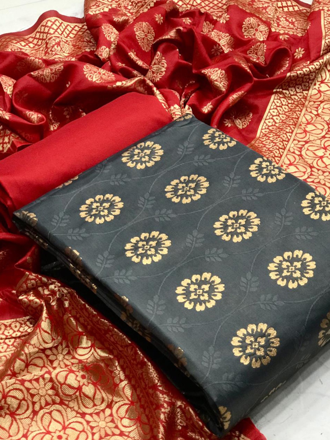 

MORLY Grey & Red Dupion Silk Unstitched Dress Material