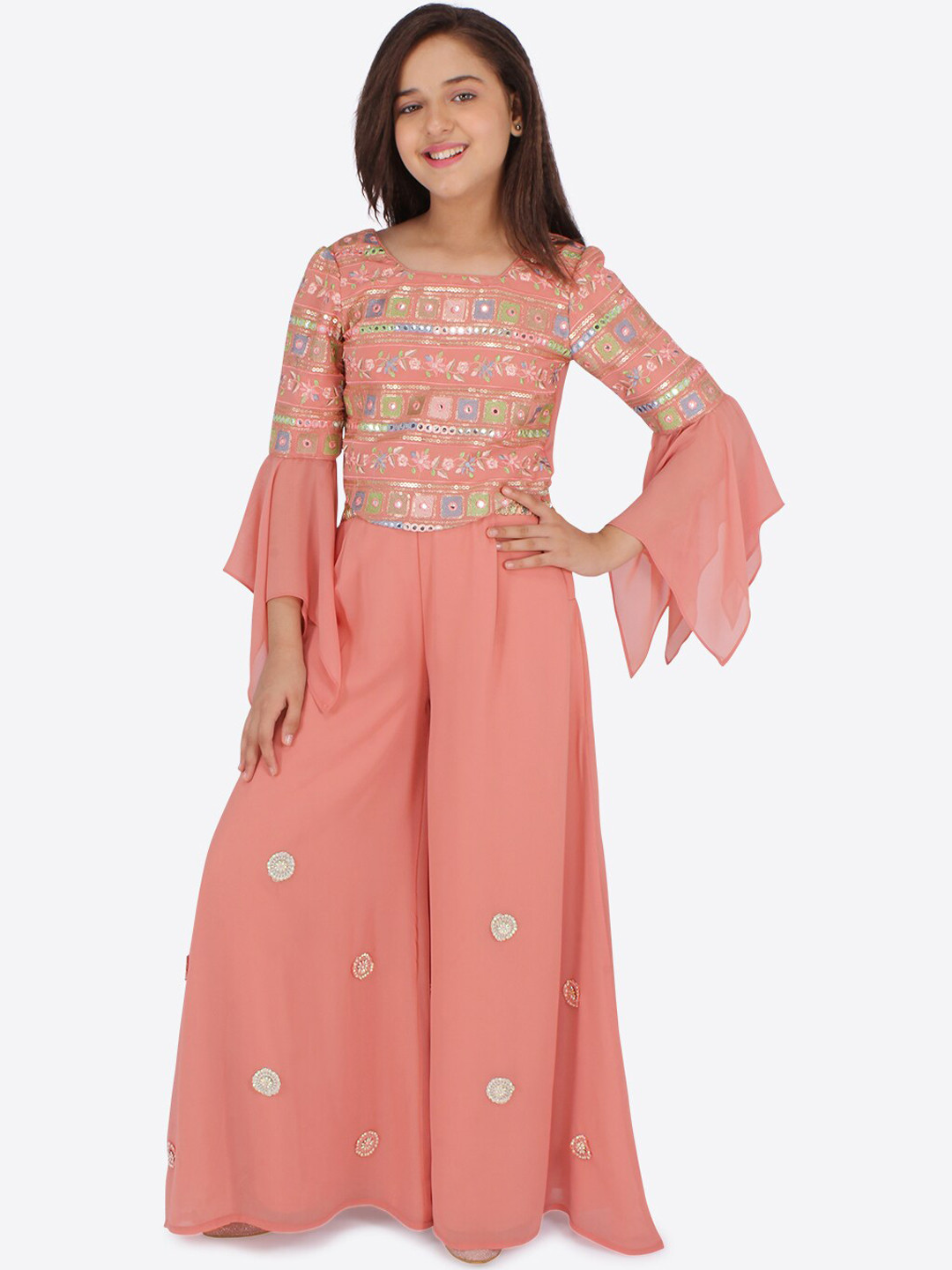 

CUTECUMBER Girls Embellished Top with Palazzos, Peach