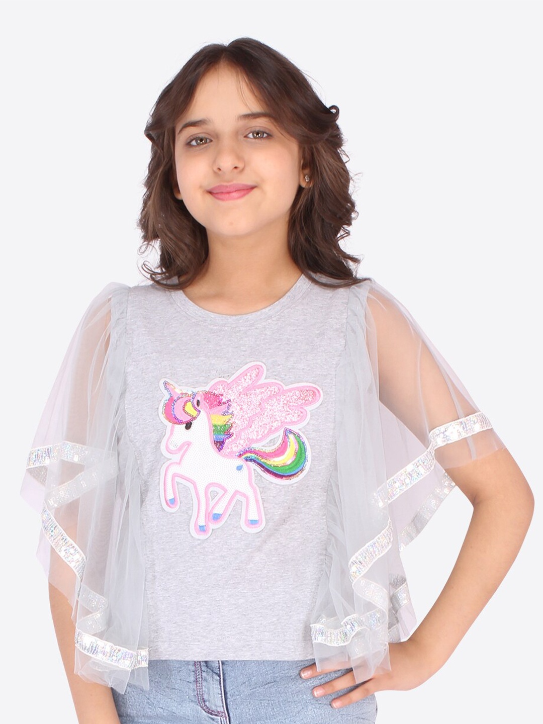 

CUTECUMBER Girls Graphic Embellished Sequinned Kaftan Top, Grey