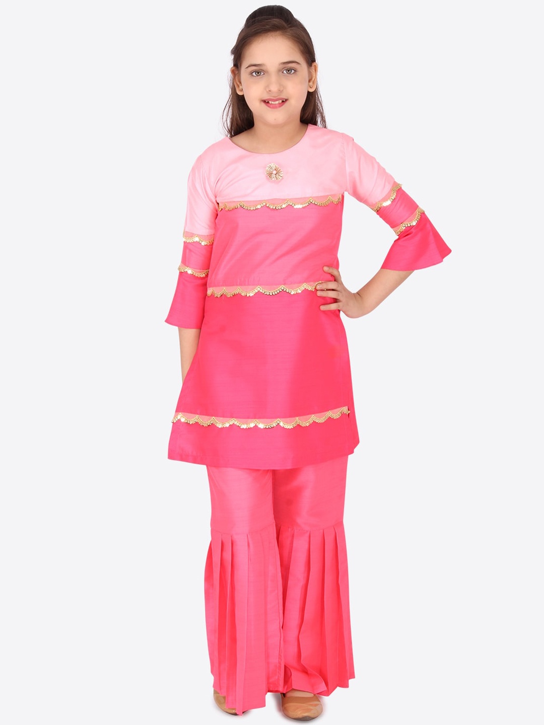 

CUTECUMBER Girls Sequined Bell Sleeves Straight Kurta with Sharara, Pink