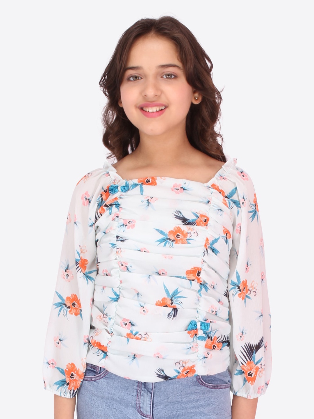 

CUTECUMBER Floral Printed Gathered Puff Sleeves Chiffon Top, White