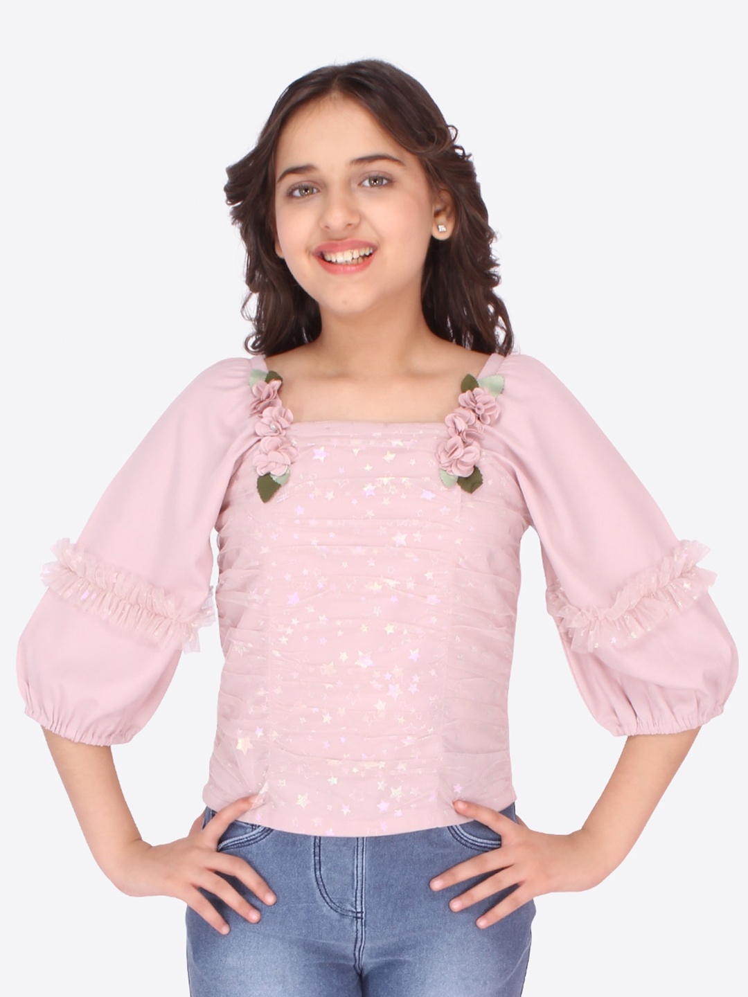 

CUTECUMBER Girls Floral Embellished Puff Sleeve Top, Pink