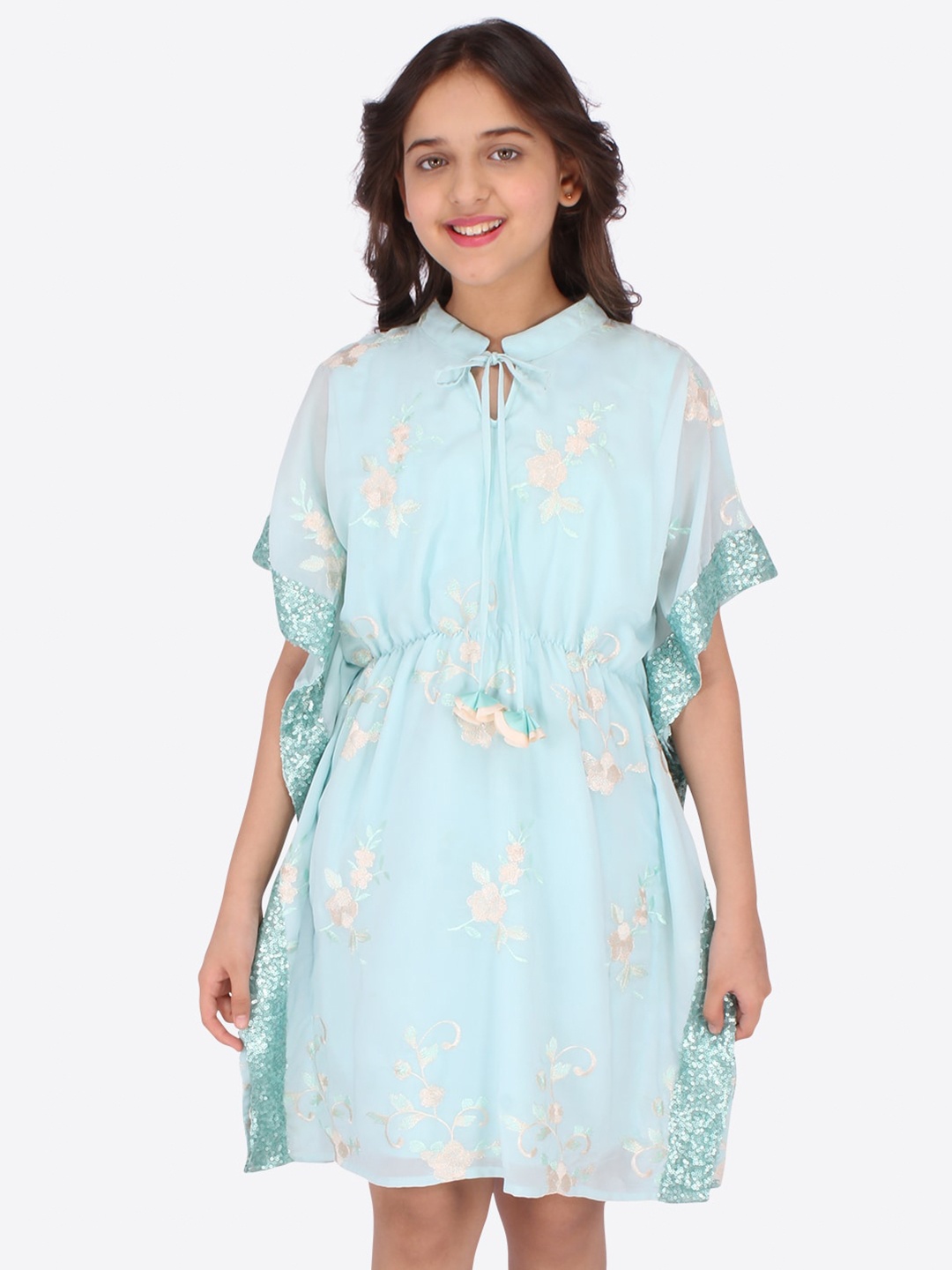 

CUTECUMBER Girls Floral Embroidered Sequinned Tie-Up Neck Georgette Kaftan Dress, Turquoise blue