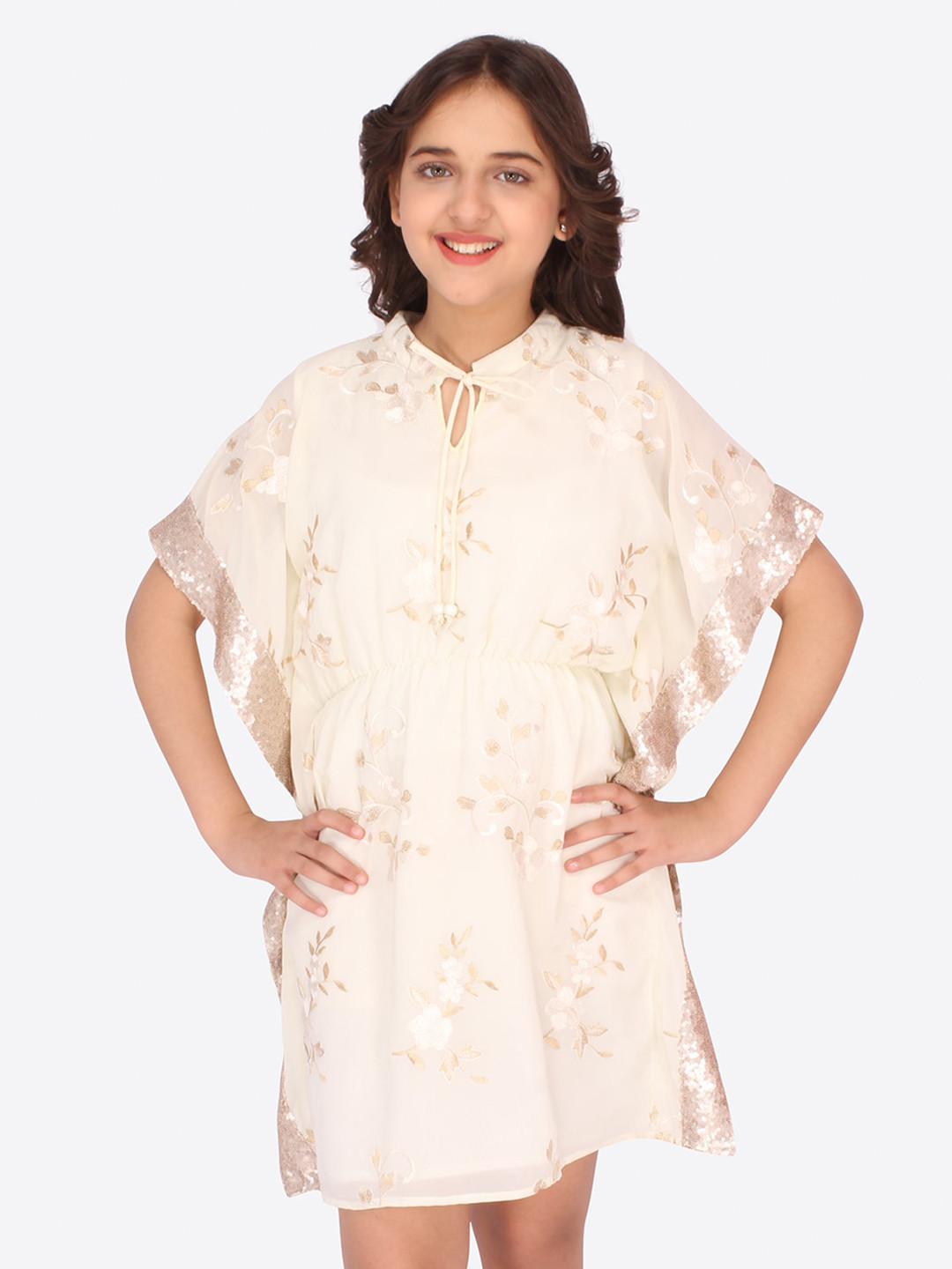 

CUTECUMBER Girls Floral Embroidered Sequinned Tie-Up Neck Georgette Kaftan Dress, Cream