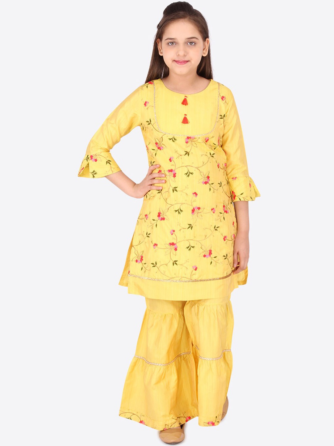 

CUTECUMBER Girls Floral Embroidered Bell Sleeves A-Line Kurta with Sharara, Yellow