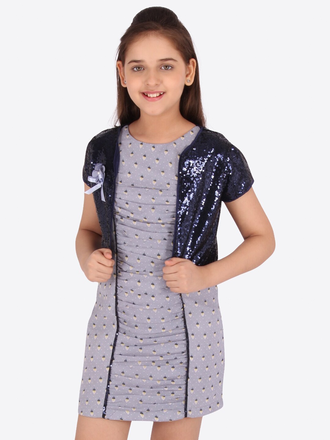 

CUTECUMBER Girls Conversational Printed Satin Sheath Dress, Grey