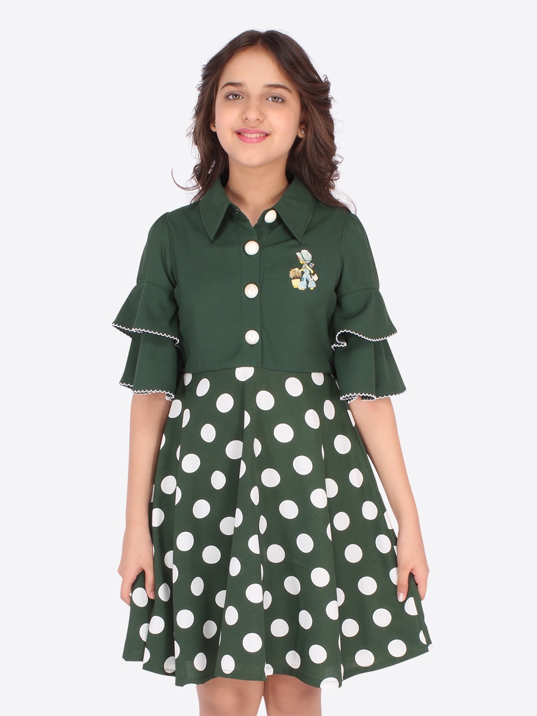 

CUTECUMBER Girls Polka Dots Printed Georgette Dress, Green