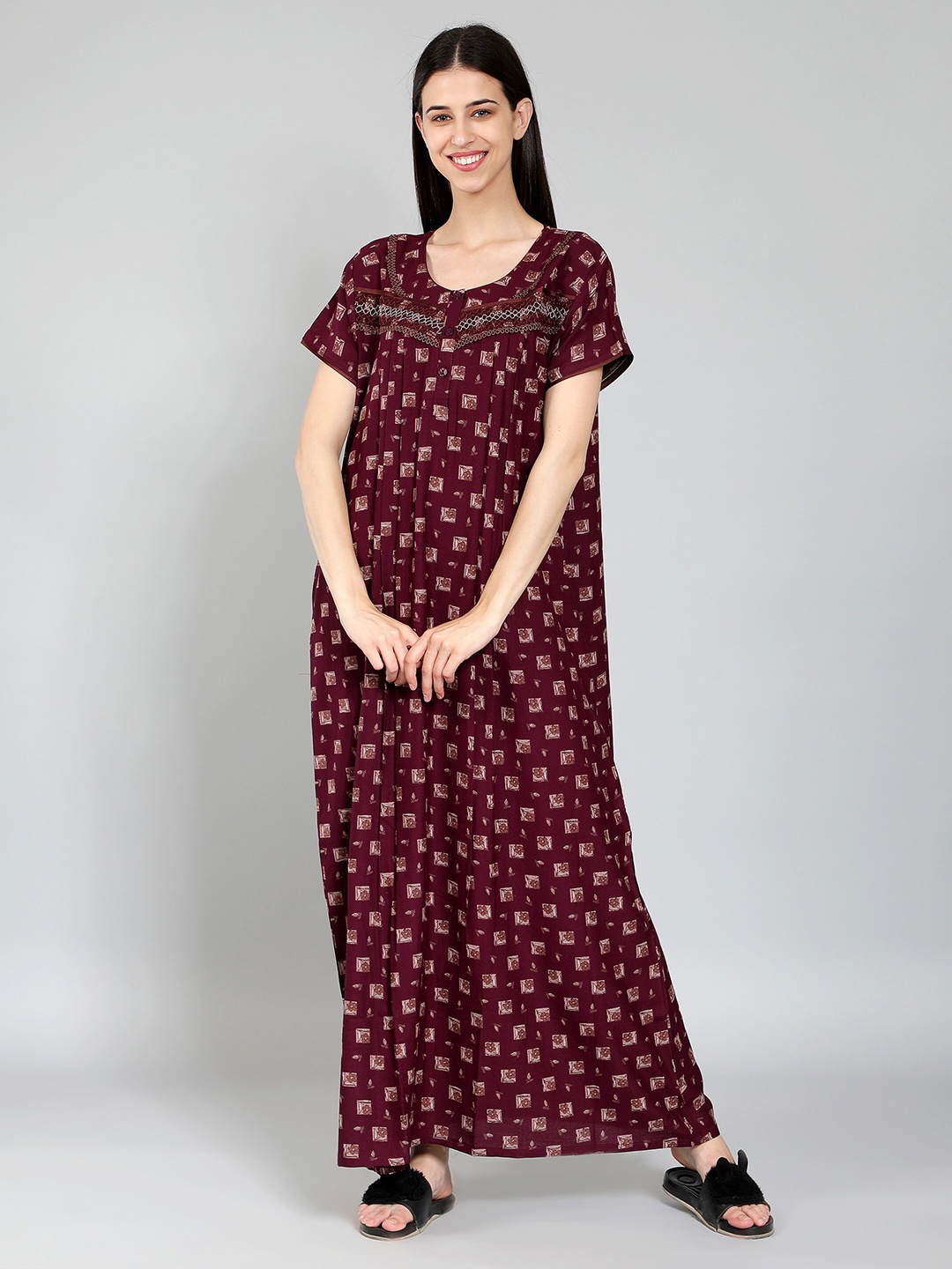 

NIGHTSPREE Printed Cotton Maxi Nightdress, Maroon