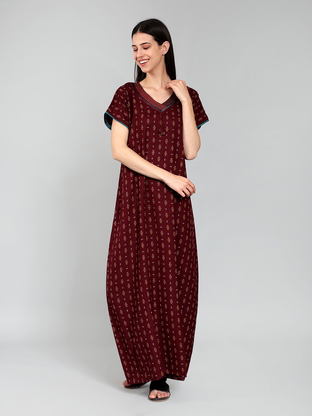 

NIGHTSPREE Printed Cotton Maxi Nightdress, Maroon