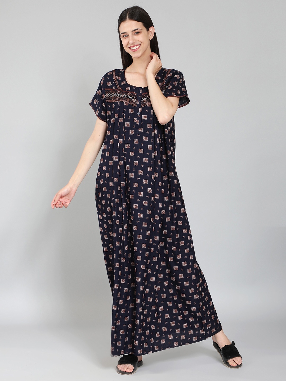 

NIGHTSPREE Printed Cotton Maxi Nightdress, Navy blue