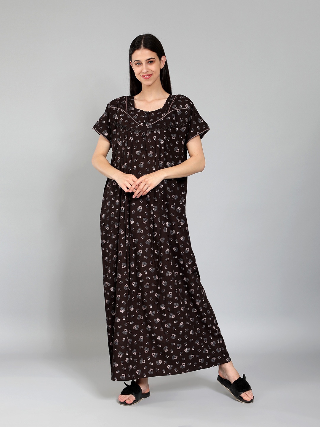 

NIGHTSPREE Printed Cotton Maxi Nightdress, Brown