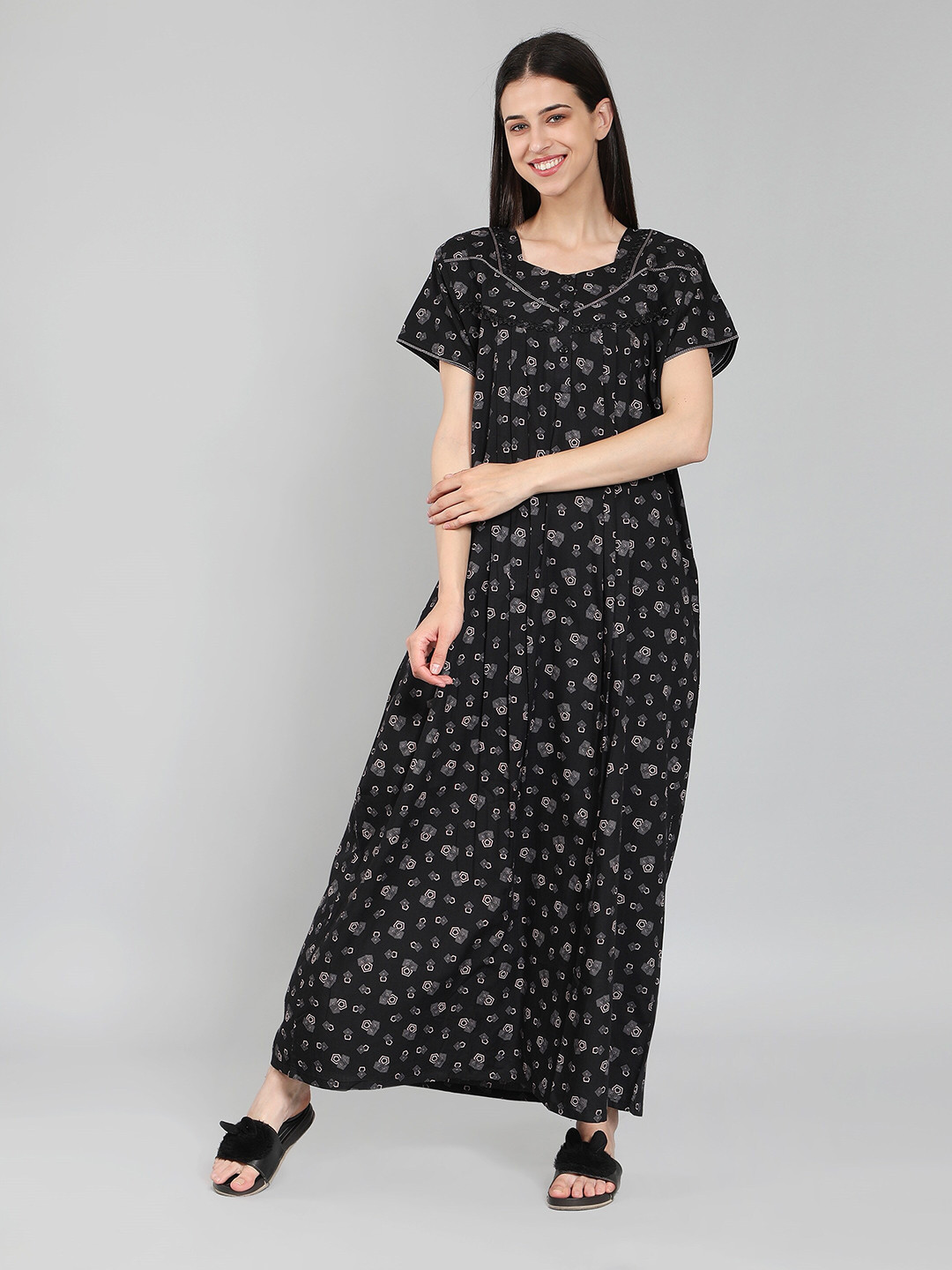 

NIGHTSPREE Printed Cotton Maxi Nightdress, Black