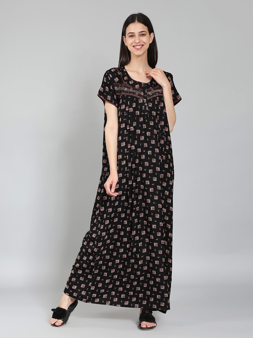 

NIGHTSPREE Printed Cotton Maxi Nightdress, Black