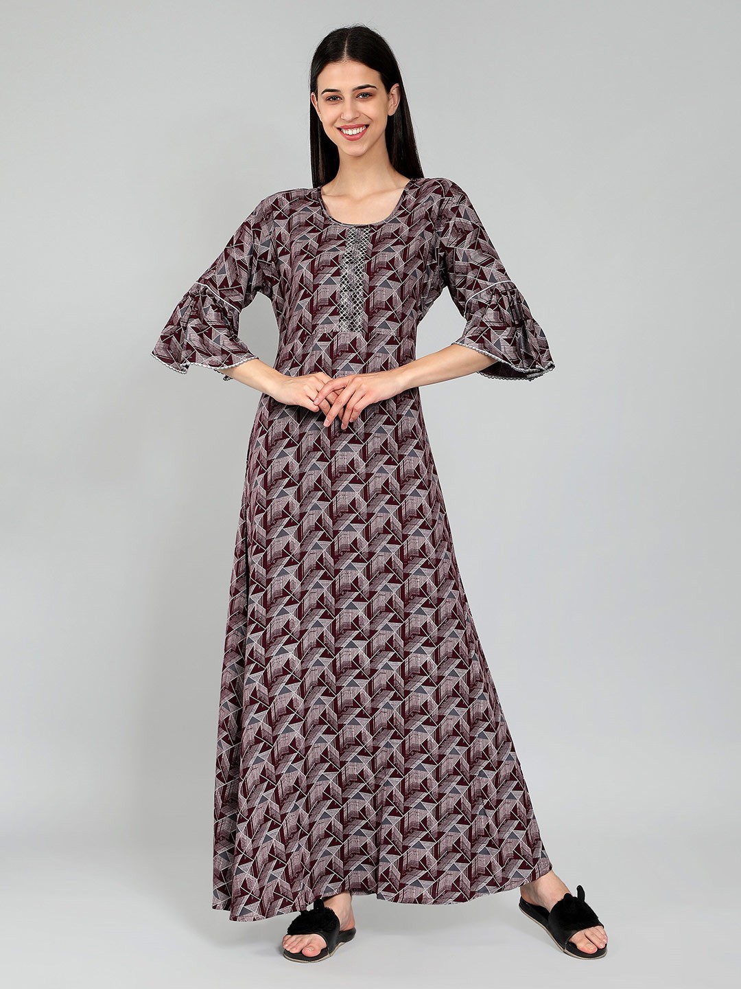 

NIGHTSPREE Printed Maxi Nightdress, Maroon