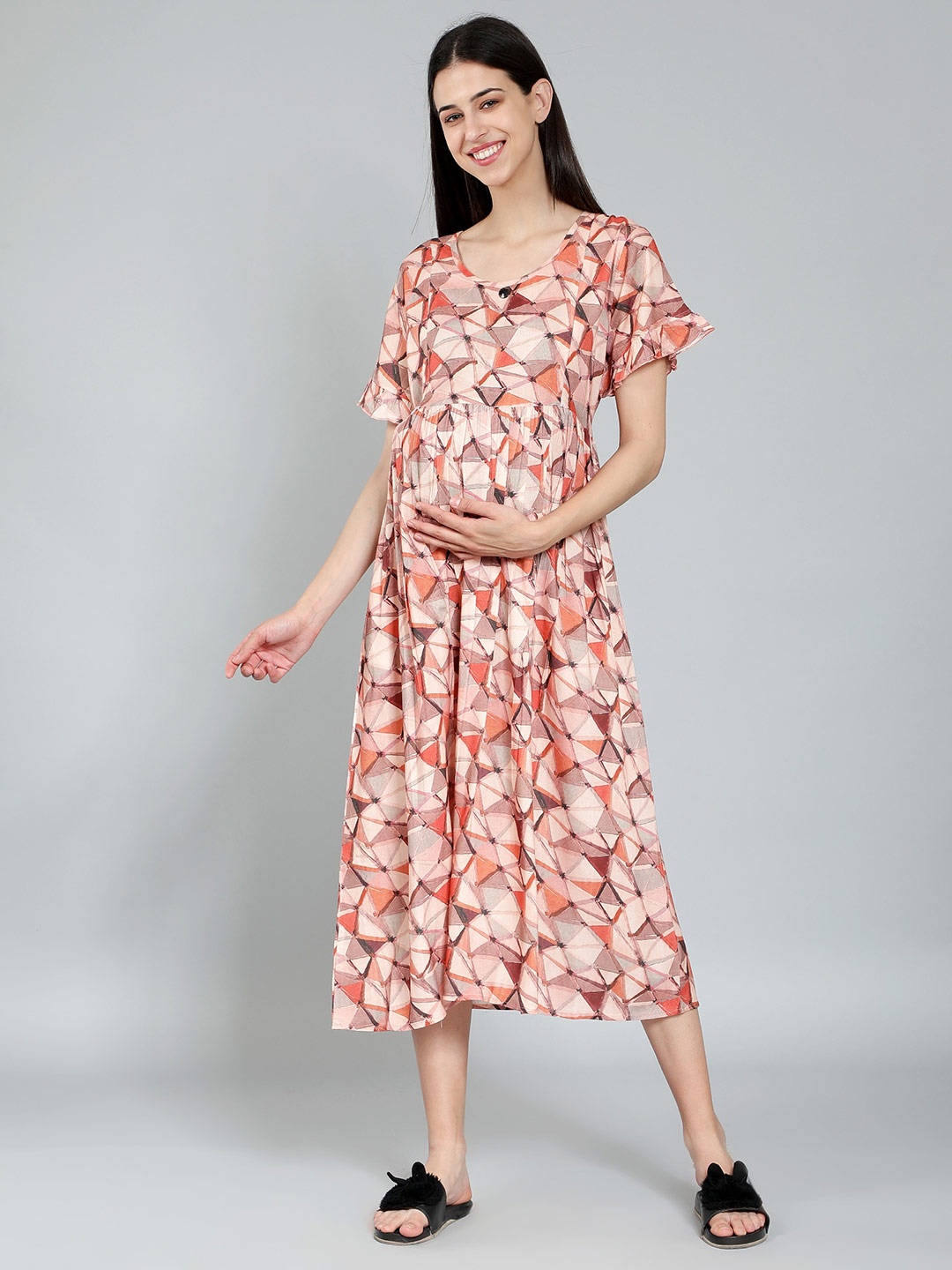 

NIGHTSPREE Geometric Printed Cotton Maternity A-Line Midi Dress, Peach