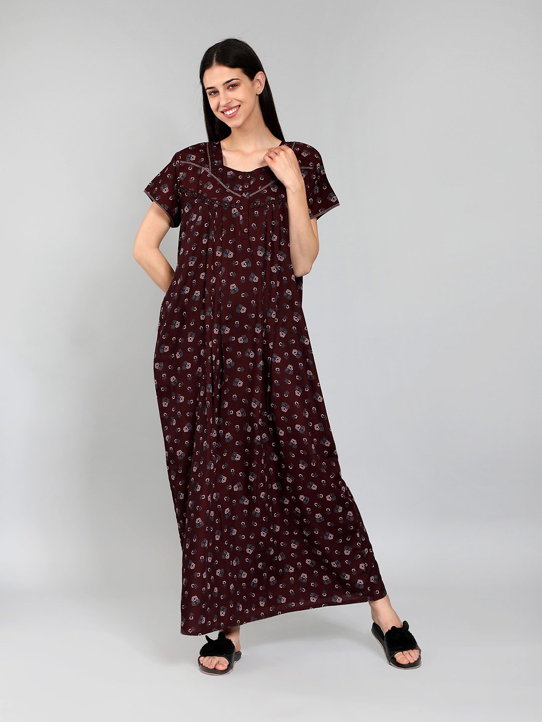 

NIGHTSPREE Printed Cotton Maxi Nightdress, Maroon