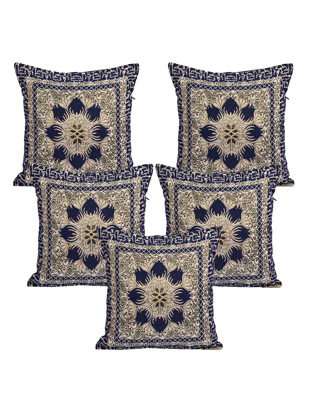 

Nendle Navy Blue & Brown 5 Pcs Floral Square Cushion Covers