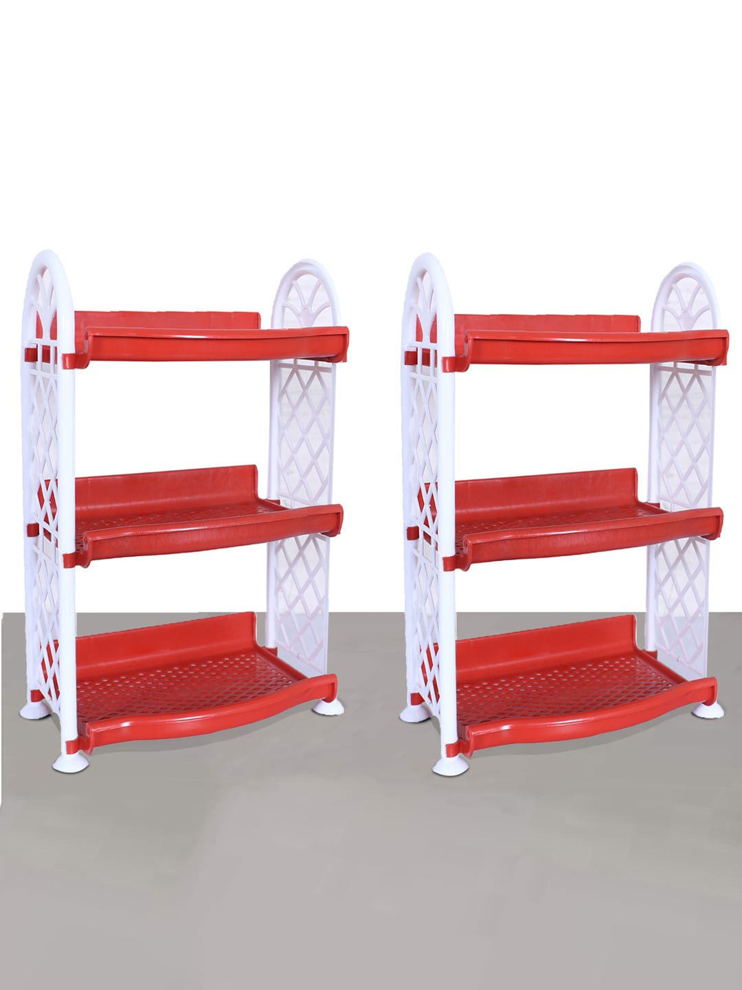 

Kuber Industries Red & White 2 Pieces Patterned Unbreakable 3 Shelves Storage Stand