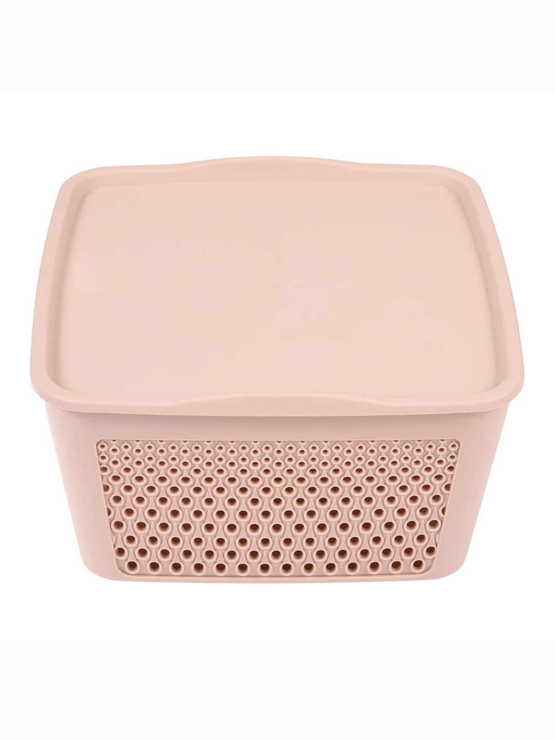 

Kuber Industries Beige Netted Design Square Storage Basket With Lid