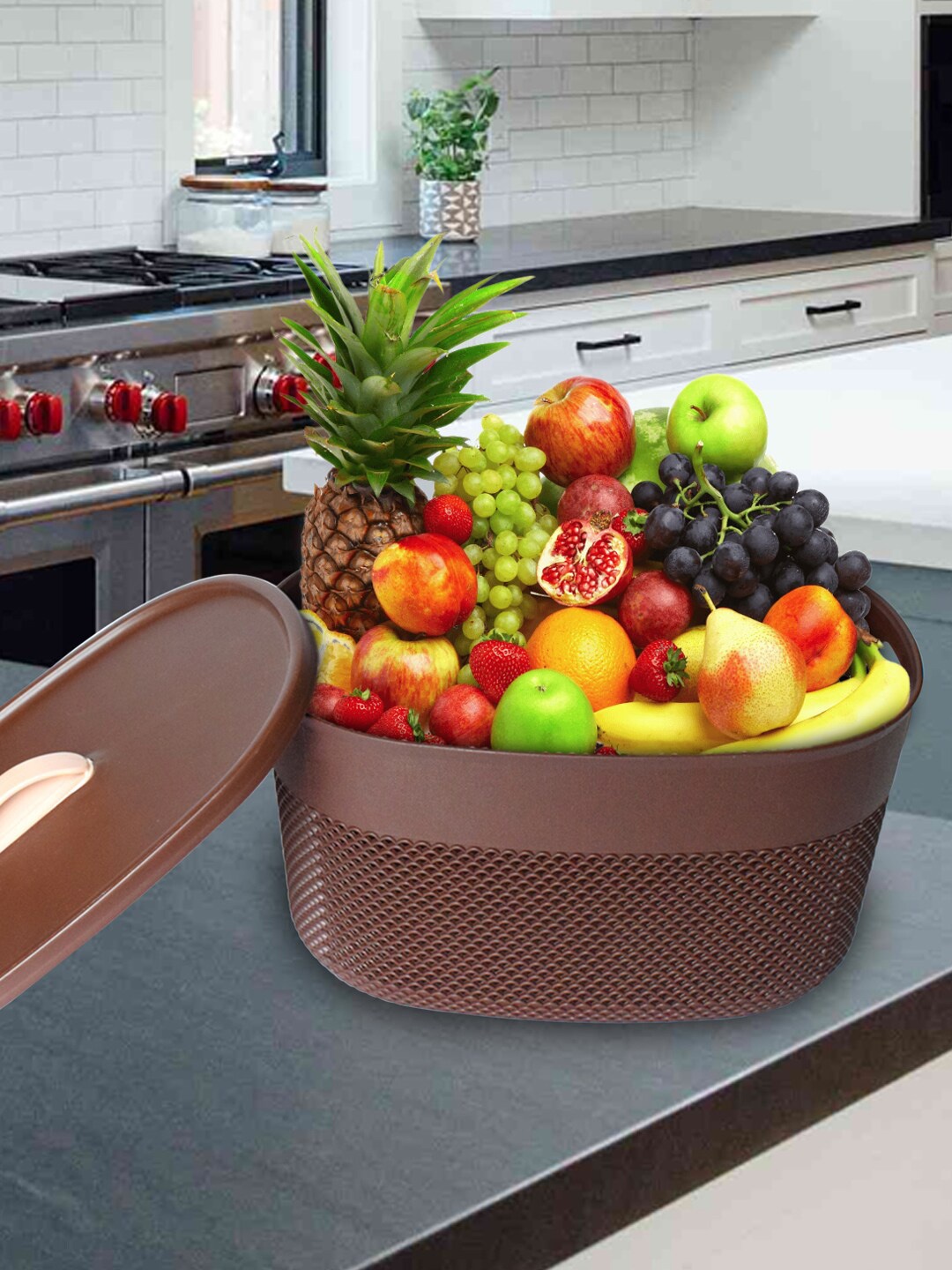 

Kuber Industries Grey & Beige 3 Pieces Netted Design Oval Storage Baskets With Lid