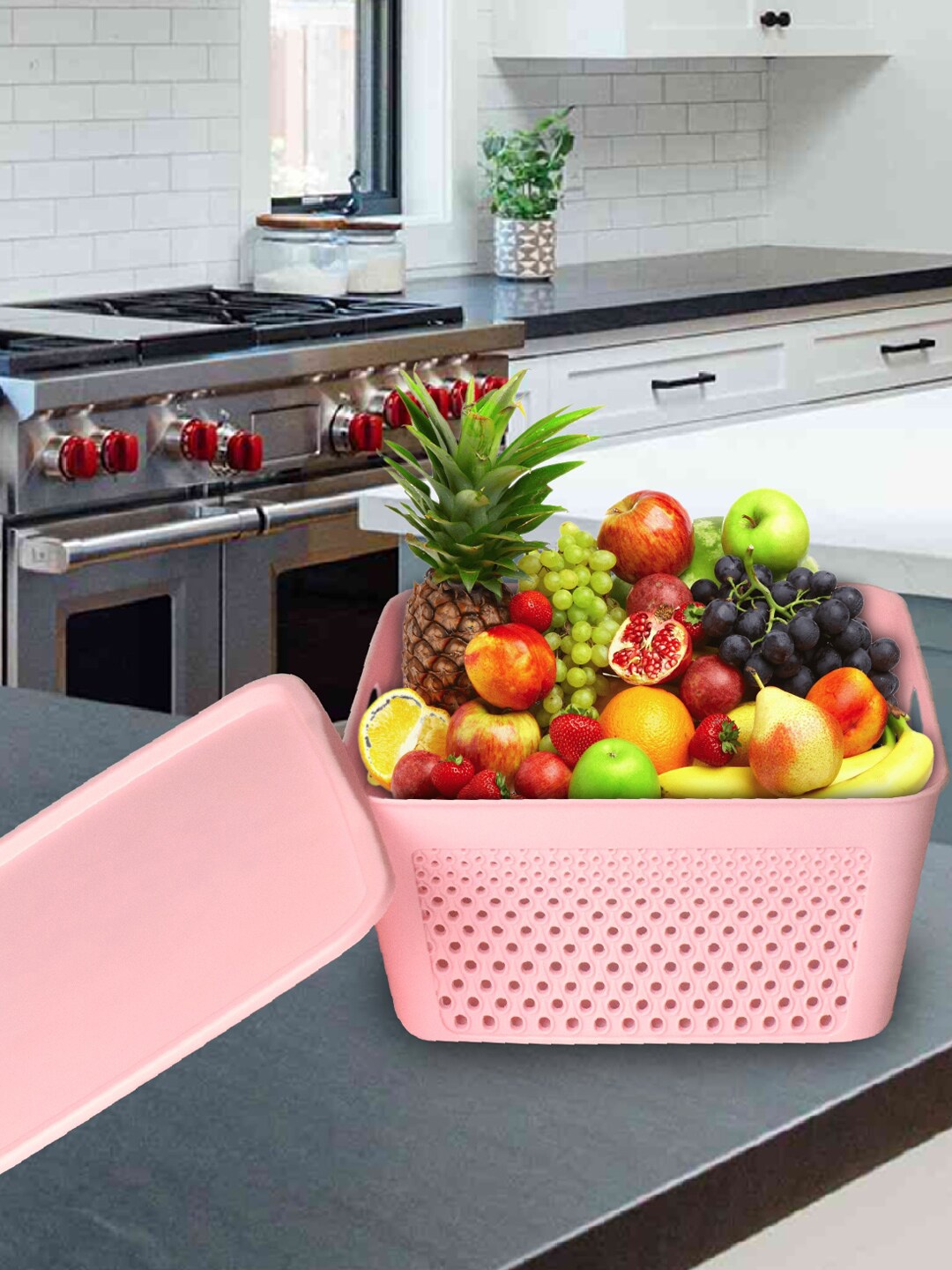 

Kuber Industries Pink 3 Pieces Netted Design Square Storage Baskets With Lid