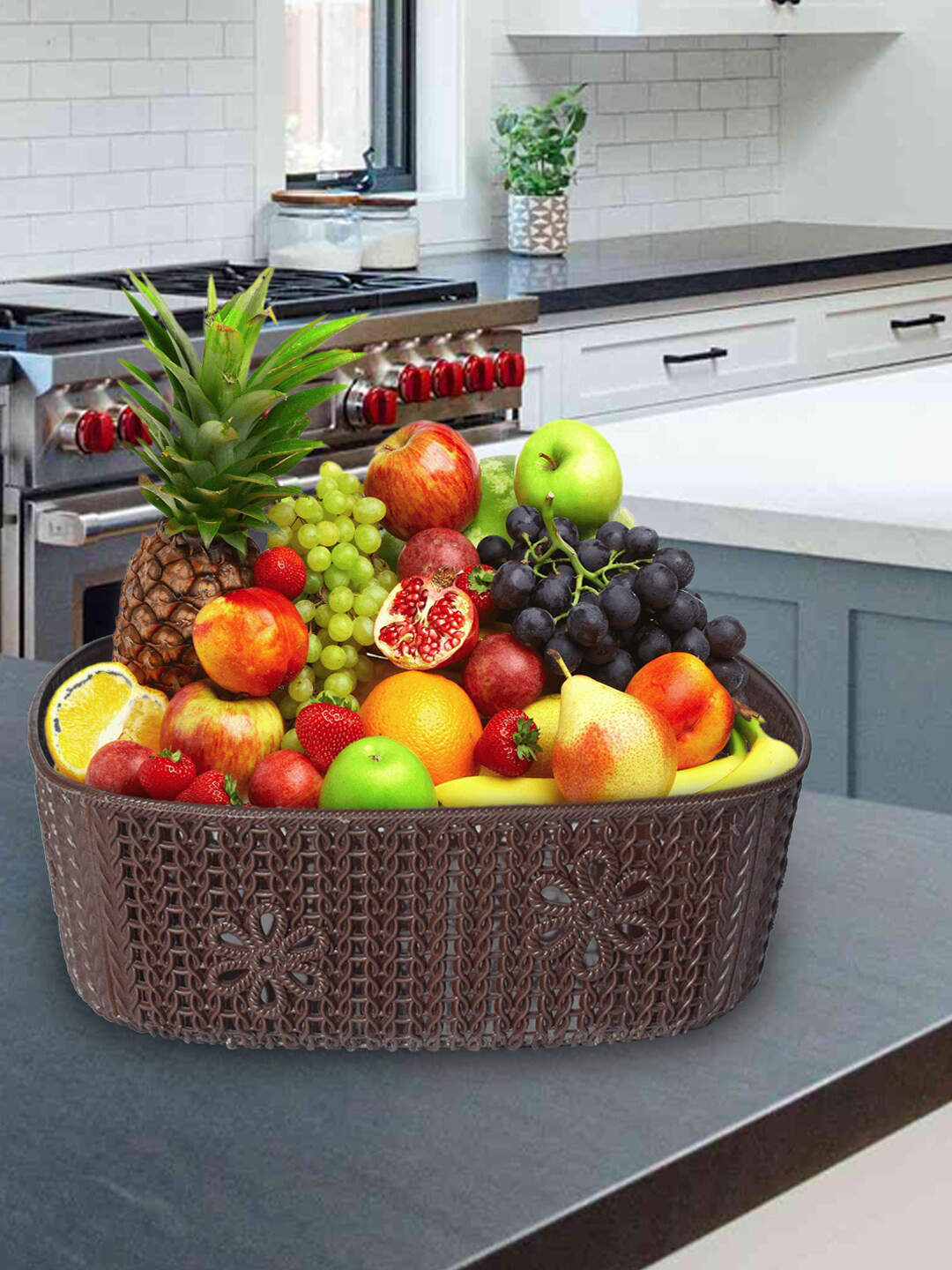 

Kuber Industries Brown 3 Pieces Netted Design Square Fruit Baskets