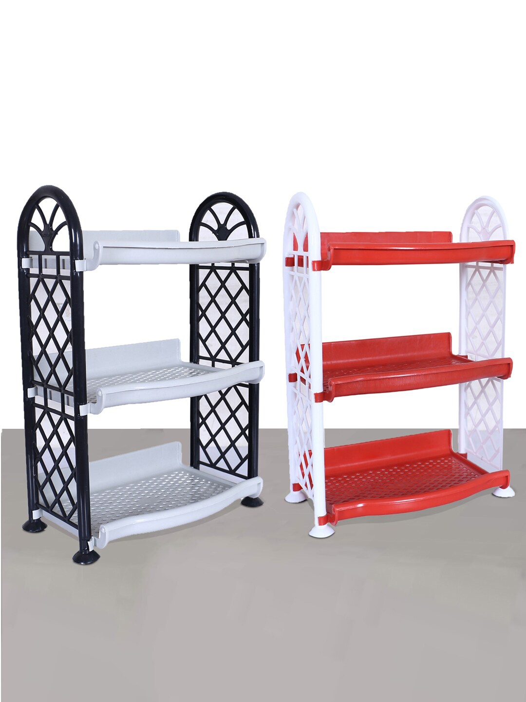 

Kuber Industries Red & Grey 2 Pieces Patterned Unbreakable 3 Shelves Storage Stands