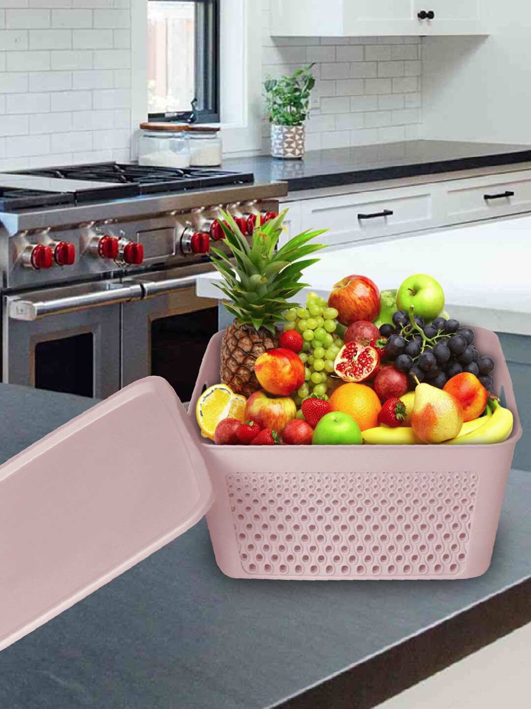 

Kuber Industries Pack Of 3 Peach-Coloured Square Storage Baskets with Lid