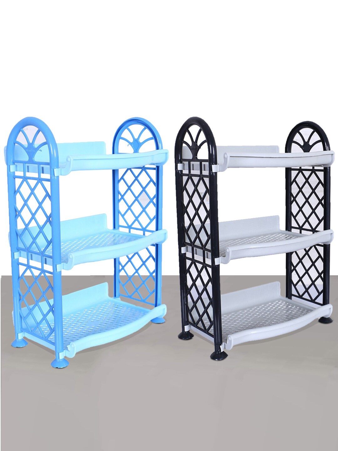 

Kuber Industries Blue & Grey 2 Pieces Patterned Unbreakable 3 Shelves Storage Stands