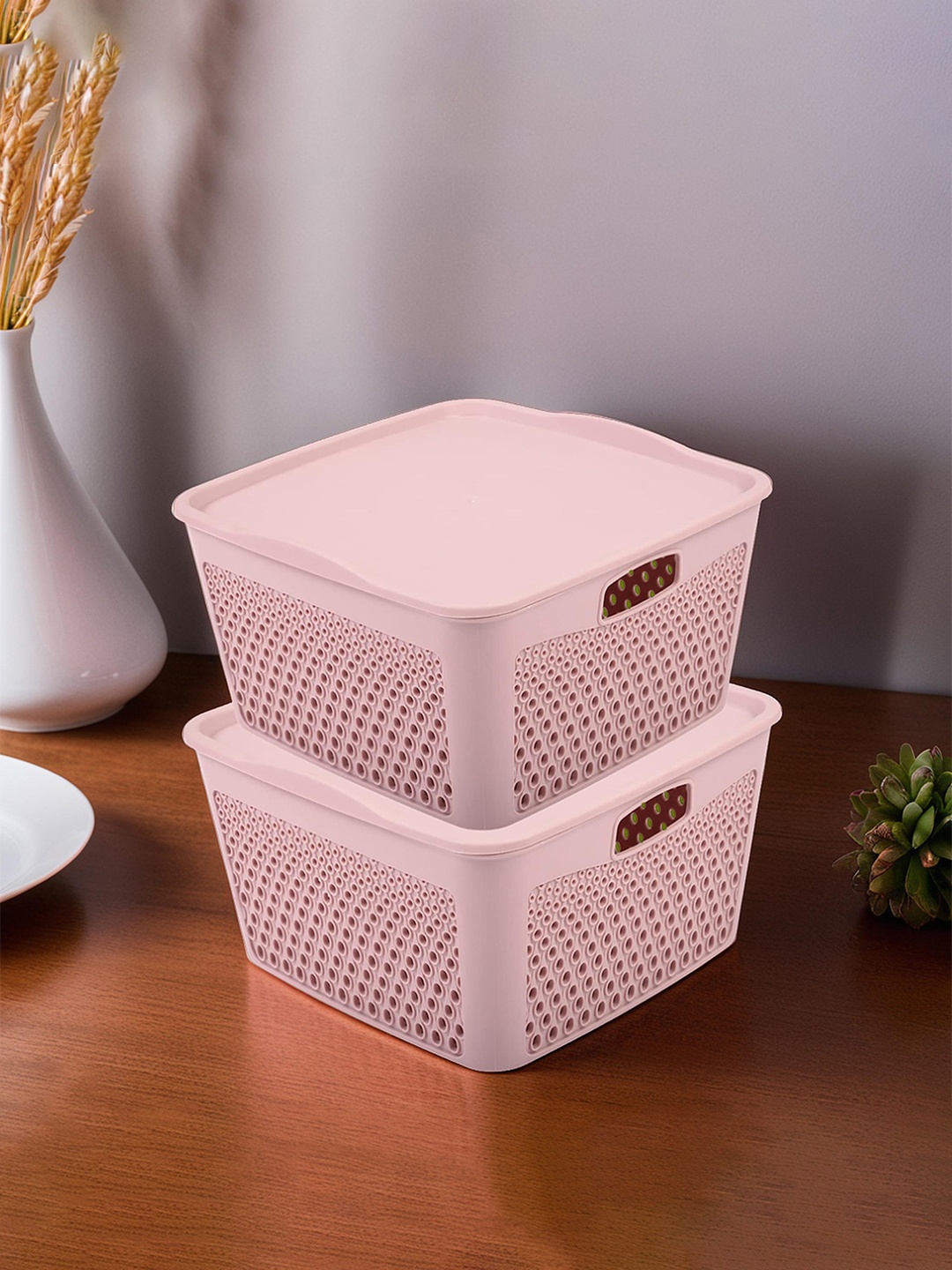 

Kuber Industries Pack Of 2 Peach-Coloured Square Storage Baskets with Lid