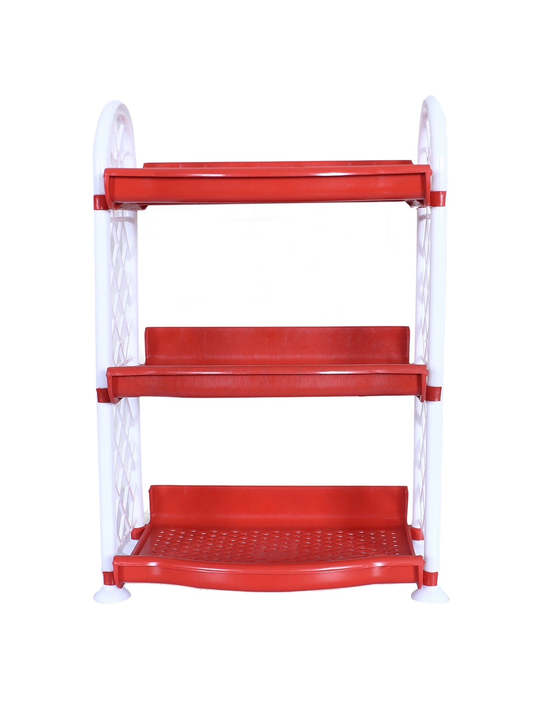 

Kuber Industries Red & White Patterned Unbreakable 3 Shelves Storage Stand