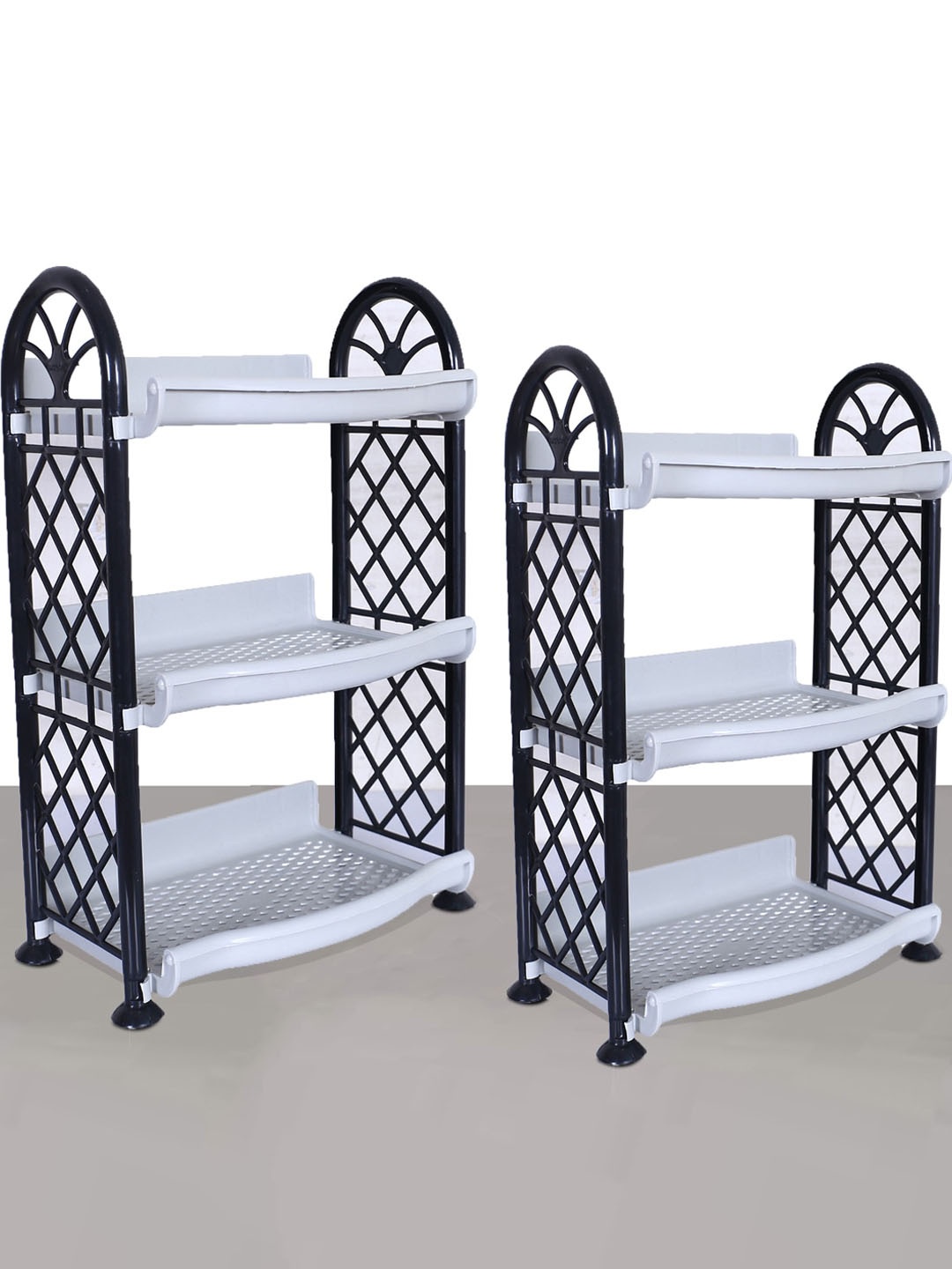 

Kuber Industries Grey & Black 2 Pieces Patterned Unbreakable 3 Shelves Storage Stands