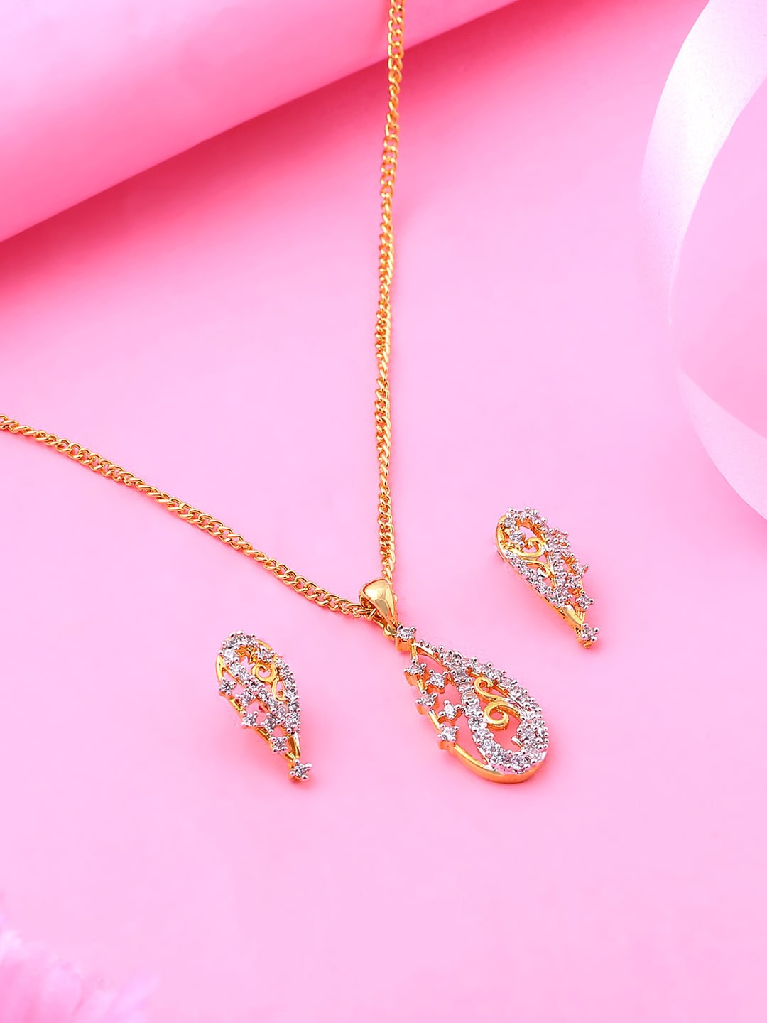 

Estele Gold Plated CZ Trendy Drop Designer Pendant Set, White