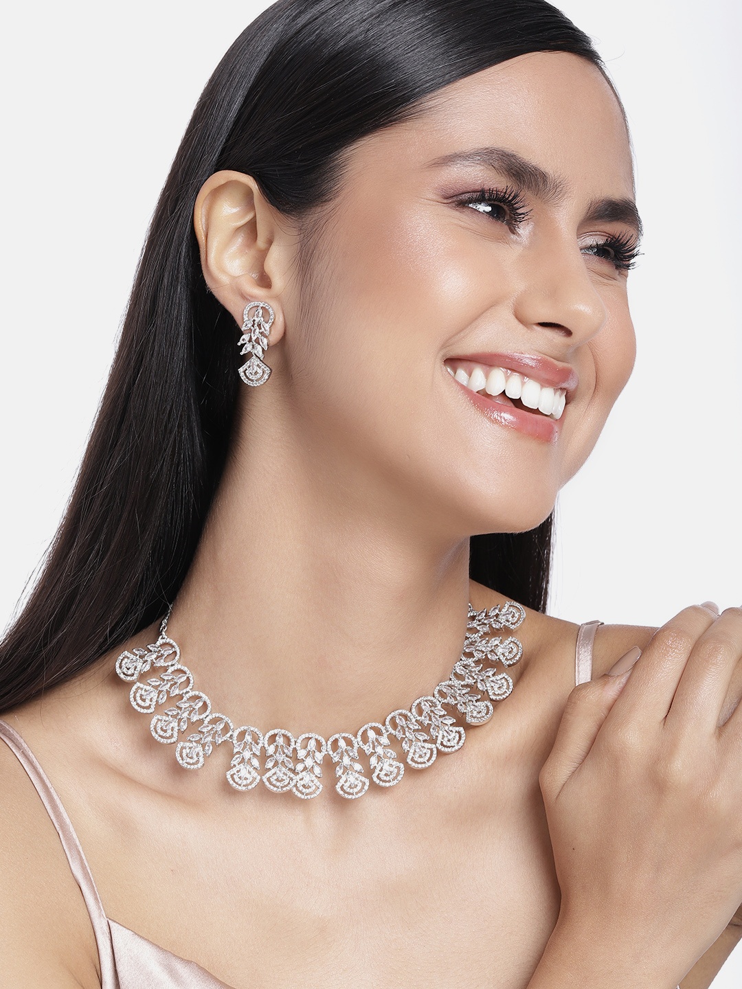 

Estele Rhodium Plated CZ Marquise Melody Necklace Set, White