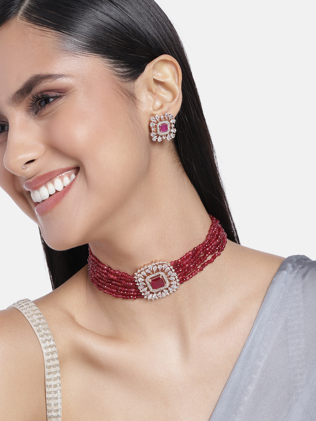 

Estele Rose-Gold Plated CZ Studded & Beaded Jewellery Set, Pink