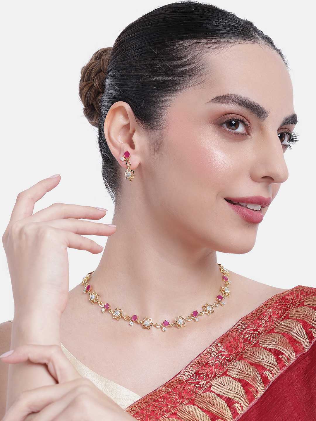 

Estele Gold Plated CZ Bloom Designer Necklace Set, Pink