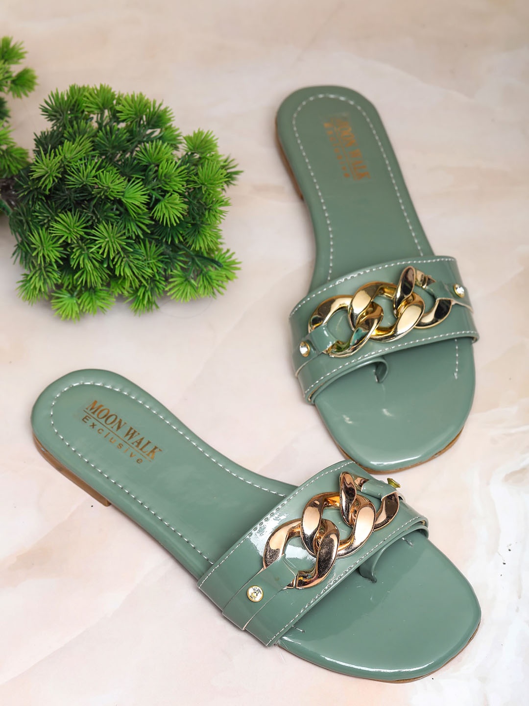 

Moonwalk Women Embellished Open Toe Flats, Green