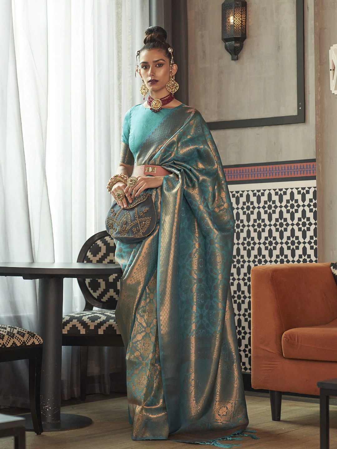 

elora Sea Ethnic Motifs Woven Design Zari Kanjeevaram Saree, Sea green