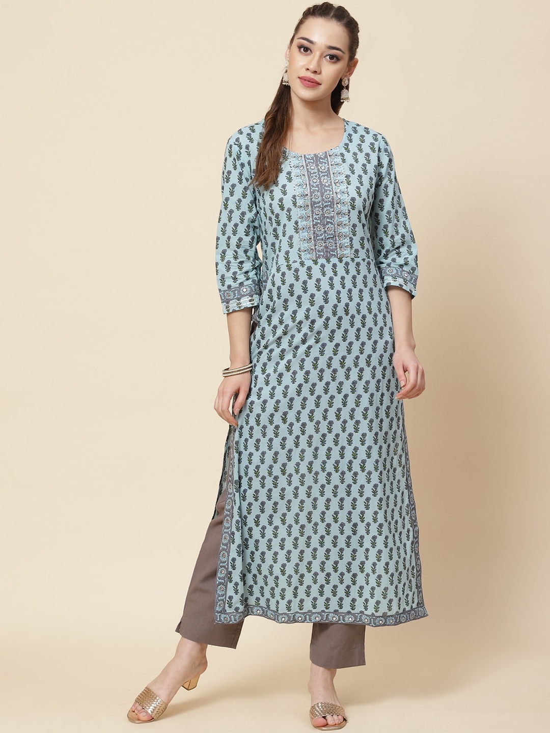 

Meena Bazaar Floral Printed Mirror Work Kurta with Trousers, Blue