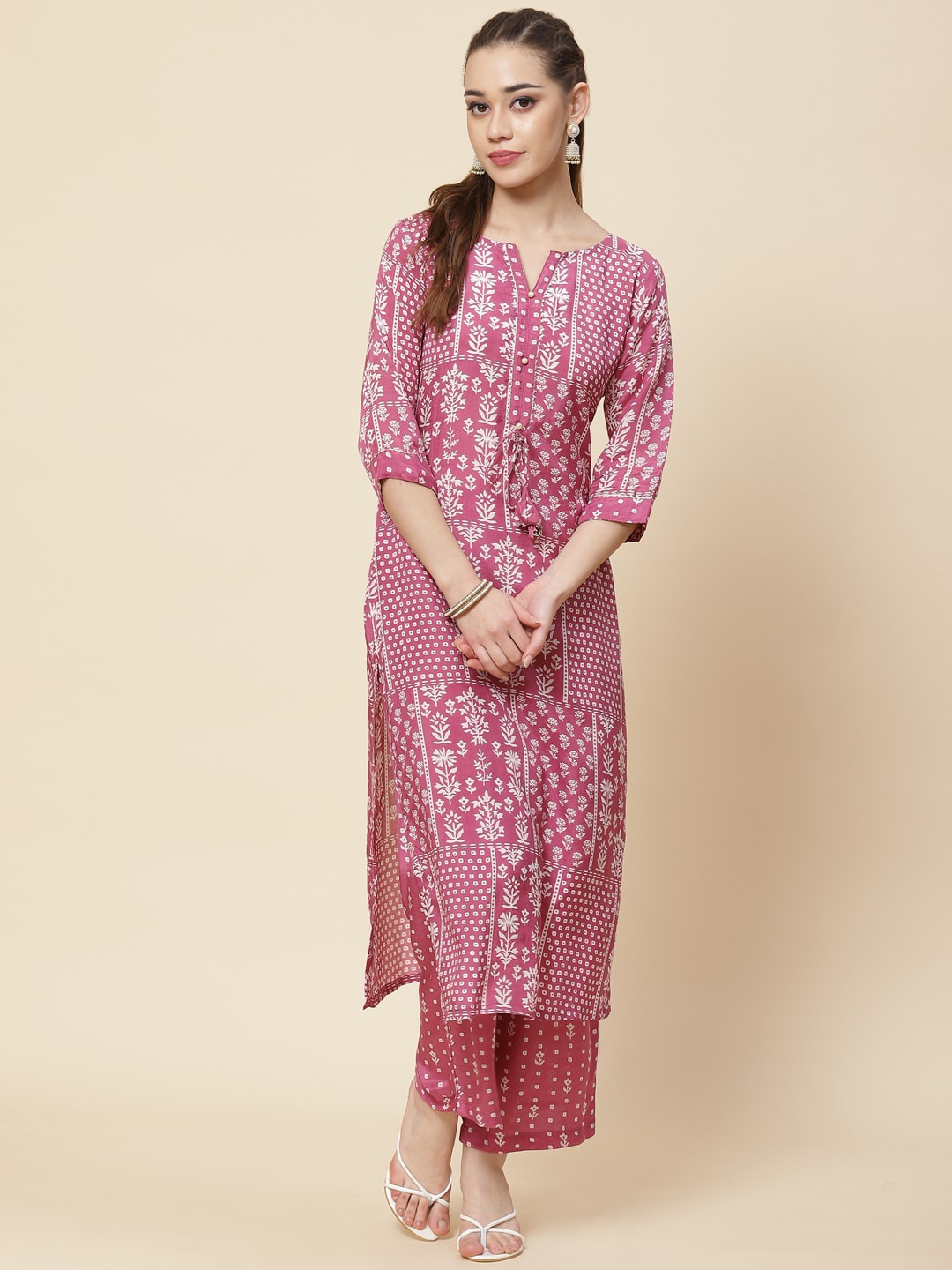 

Meena Bazaar Ethnic Motif Printed Notch Neck Kurta with Trousers, Pink