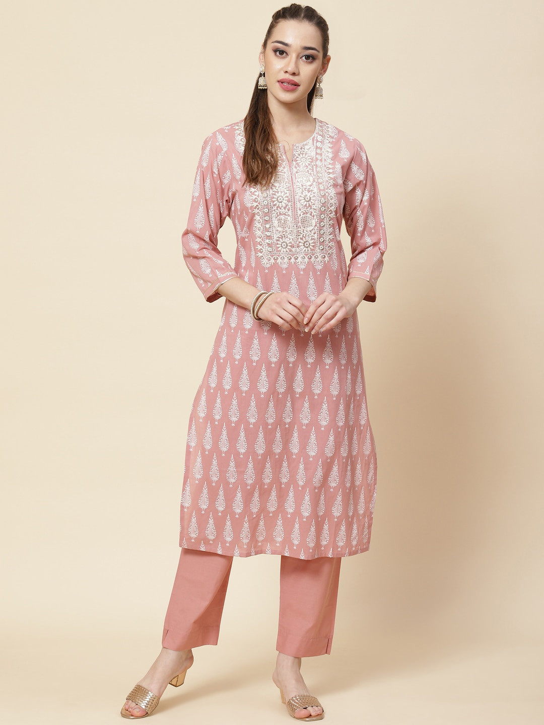 

Meena Bazaar Ethnic Motif Printed Notch Neck Sequinned Kurta with Trousers, Pink