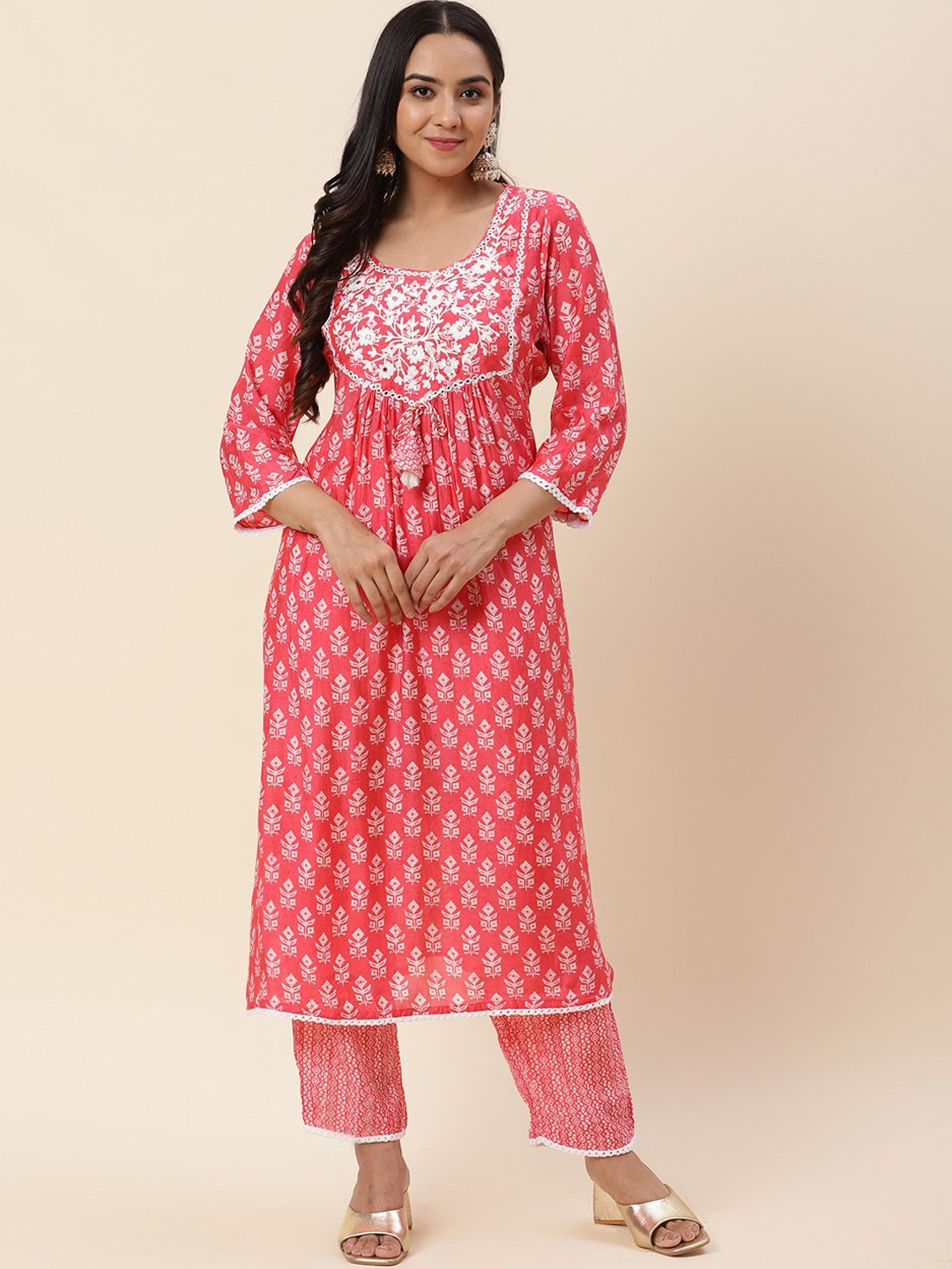 

Meena Bazaar Ethnic Motifs Printed Thread Work A-Line Kurta with Trousers, Coral