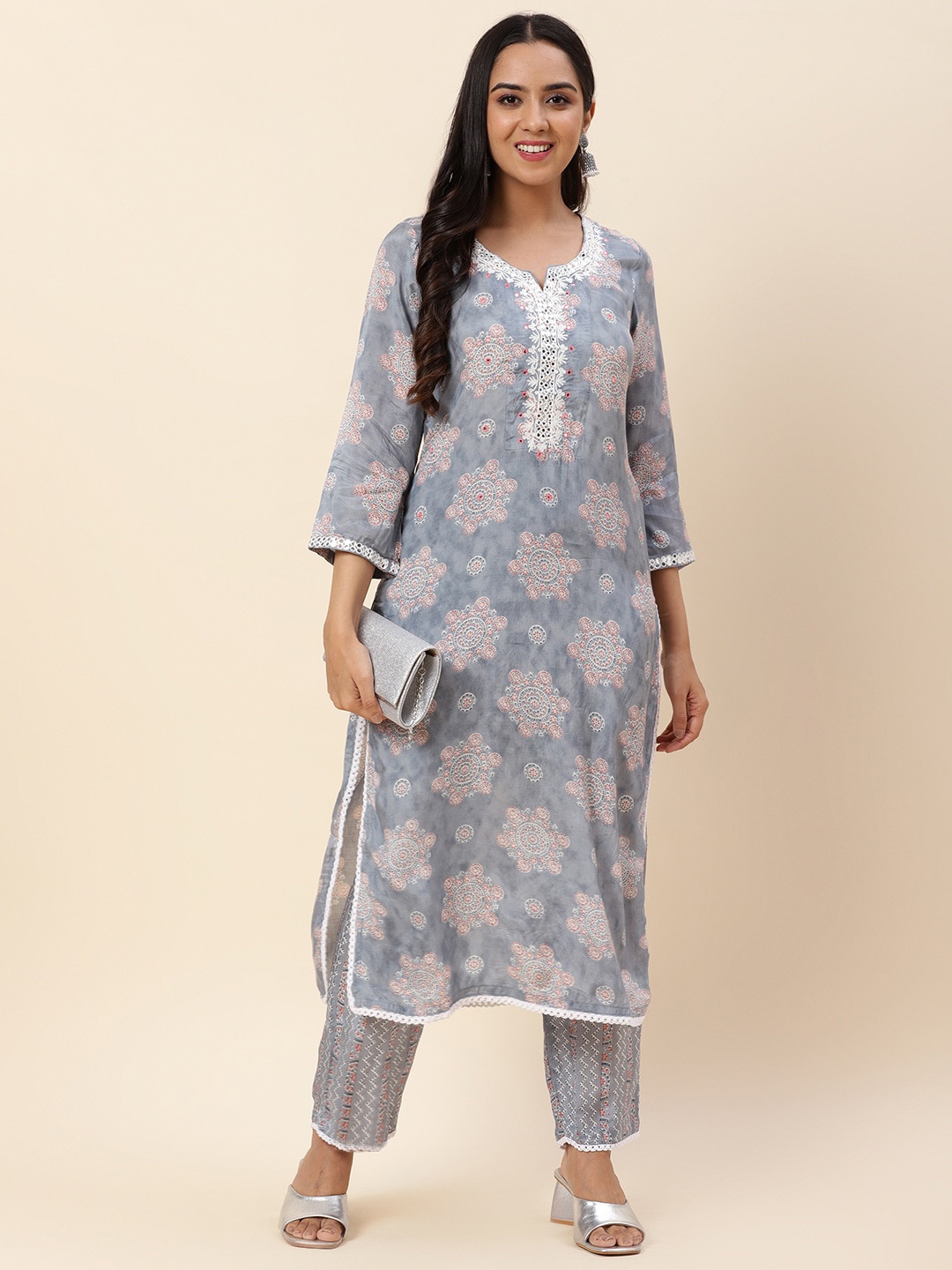 

Meena Bazaar Ethnic Motif Printed Notch Neck Thread Work Kurta with Trousers, Grey