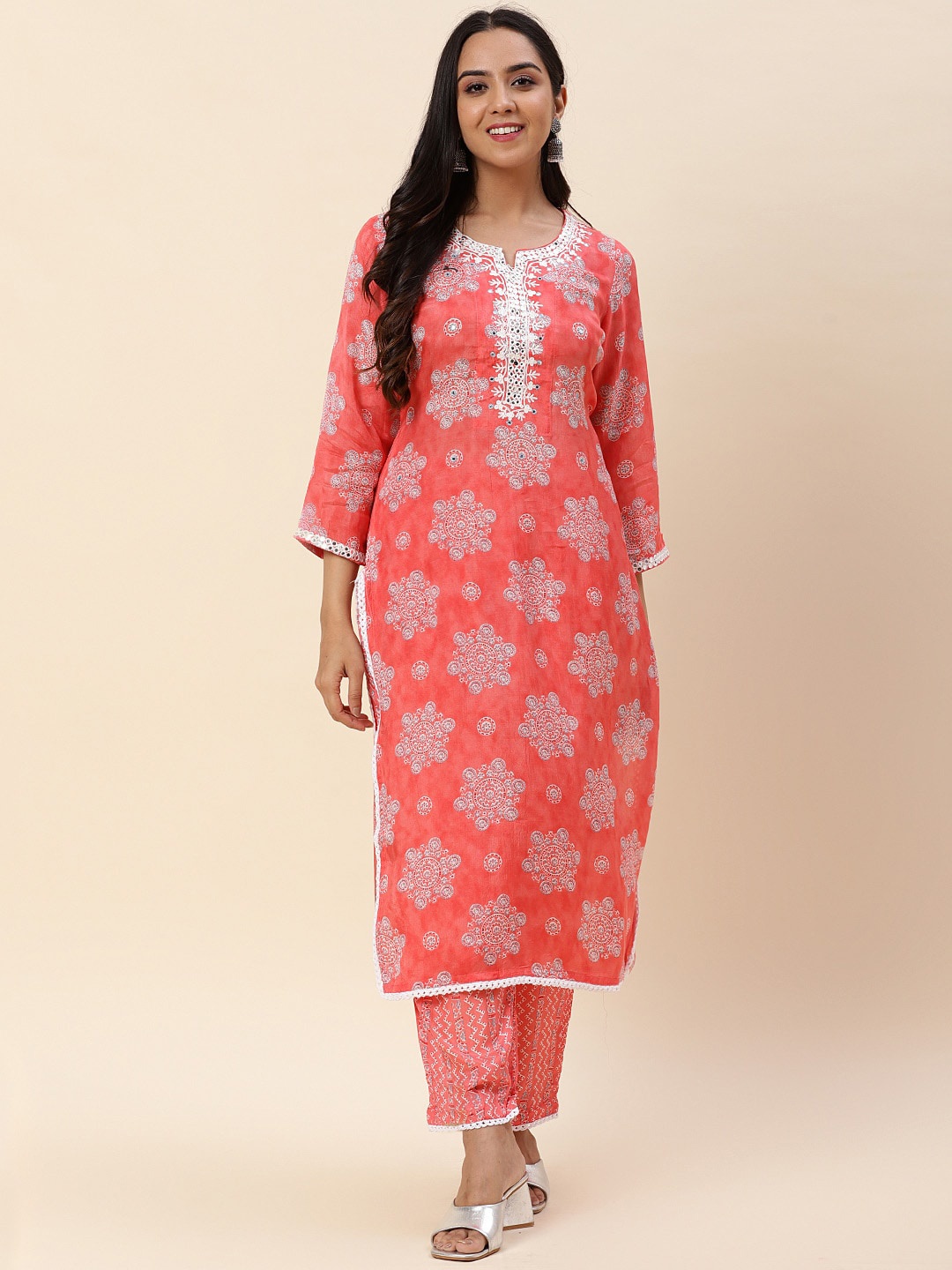 

Meena Bazaar Ethnic Motifs Printed Mirror Work Kurta with Trousers, Coral