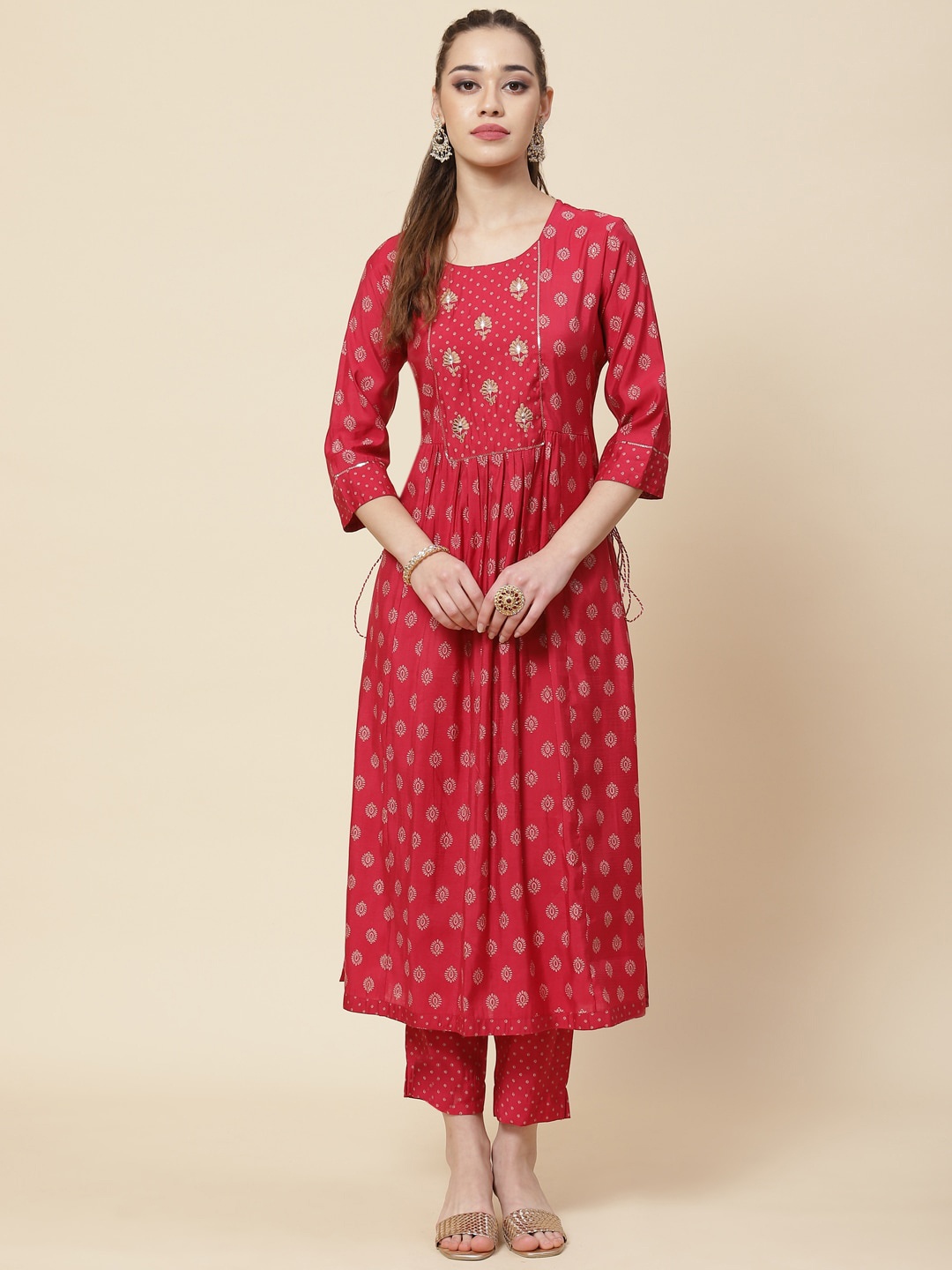 

Meena Bazaar Ethnic Motifs Printed Thread Work Kurta With Trousers, Red