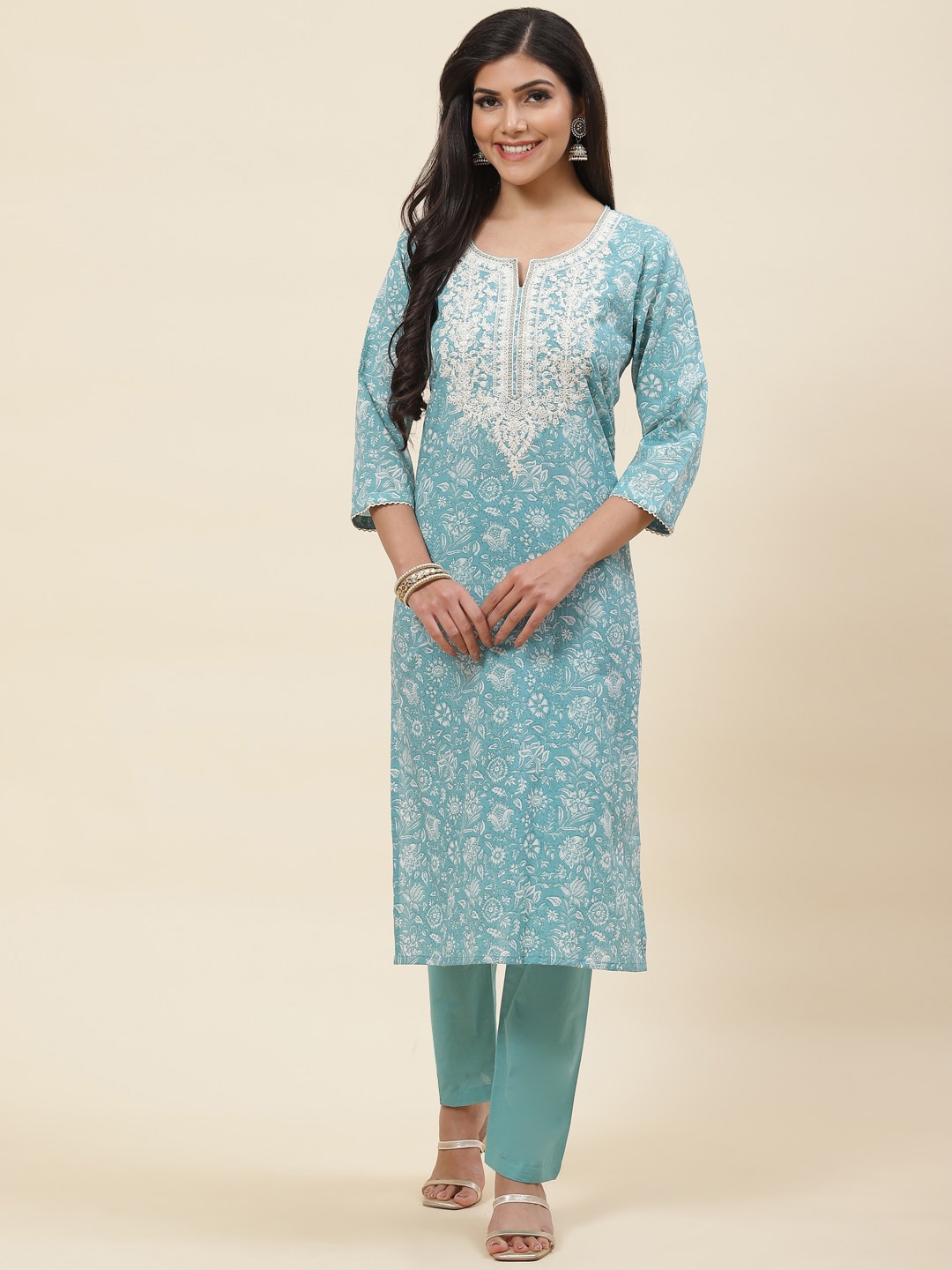 

Meena Bazaar Women Blue Floral Printed Thread Work Kurta with Trousers