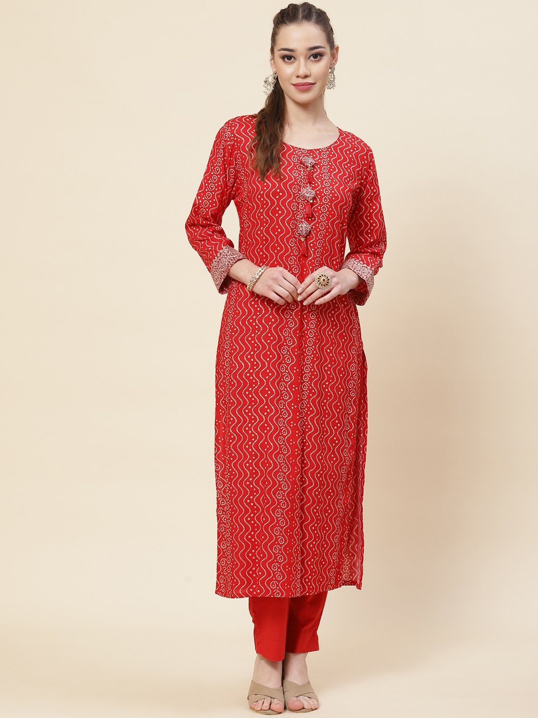 

Meena Bazaar Bandhani Printed Kurta With Trousers, Red
